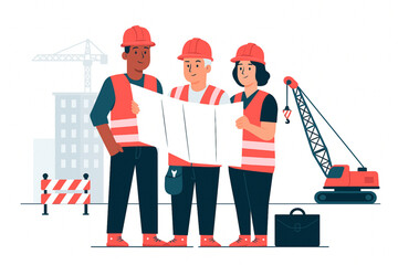 Fototapete - Diverse construction crew reviewing blueprint plans at building site with crane, workers collaborating on development project and wearing safety gear, ensuring precision and efficiency