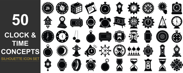Poster - Silhouette of classic analog and digital clock indicating time concepts isolated on transparent background