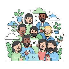 Poster - Group of diverse individuals with plants and clouds