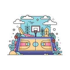 Poster - Basketball court illustration with plants and sky background