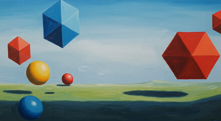 Poster - A whimsical landscape with floating geometric shapes and spheres against a blue sky background