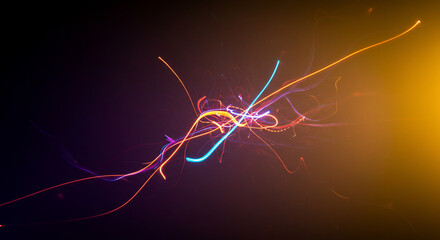 Poster - Abstract light trails with vibrant colors on a dark background with orange light flare effect