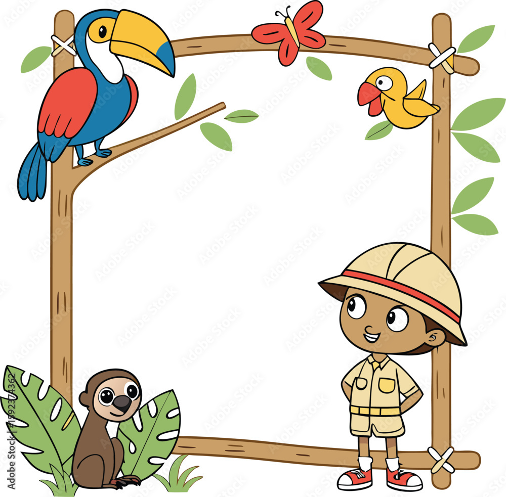 Explorer Border Jungle Safari Frame with Explorer Kid Vector Illustration Animal Border ...