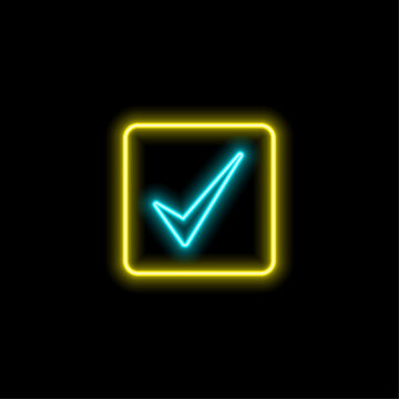 Blue check mark. Verified badge symbol isolated 3D icon.marked in blue. neon style. check mark symbol on green flower circle.