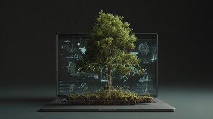 Fototapete - A lush green tree, rooted in soil, sits atop a laptop displaying translucent environmental data visualizations on its screen, against a dark background