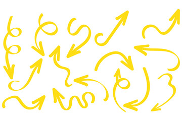 Poster - Arrows hand drawn doodle icons set. Curved cartoon arrows sketches collection. Flat and thin pointers illustrations. Scribble swirl arrow signs.