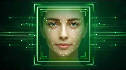 Aufkleber - Futuristic Digital Illustration of Facial Recognition Technology Featuring Human Face with Glowing Green Geometric Patterns and Data Points Symbolizing Advanced Biometric Scanning