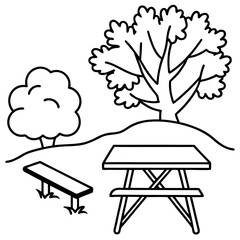 Fototapete - Minimalist line art of a picnic table and a tree in a single continuous stroke