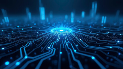 Poster - A vivid representation of a futuristic circuit board filled with glowing blue lines and nodes, creating an intricate network design that captures the essence of modern technology