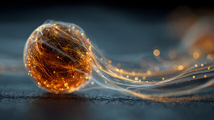 Poster - Glowing orange sphere is surrounded by a blue background. The sphere is surrounded by a series of glowing lines, creating a sense of movement and energy. The image conveys a futuristic