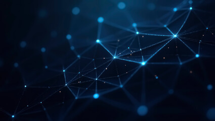 Poster - Bright blue nodes connected by lines create an intricate network design against a dark background, showcasing a sense of digital technology and modern connectivity