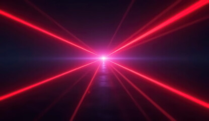 Poster - Vibrant red laser beams radiate from a central point, illuminating the dark space. The light creates a captivating atmosphere, ideal for performances or themed events