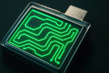 Poster - Modern Green Circuit Board Design with Intricate Patterns on a Metallic USB Flash Drive