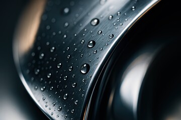 Poster - Close-Up of Water Droplets on Shiny Metal Surface with Reflections and Texture Details