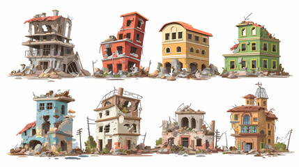 Wall Mural - Destroyed city buildings after war or earthquake. vector cartoon set of abandoned broken houses isolated on white background. derelict town ruins after explosion or natural disaster. sterile zone.