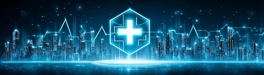 Poster - Futuristic cityscape with glowing arrow, a vision of urban innovation and advanced architectural design