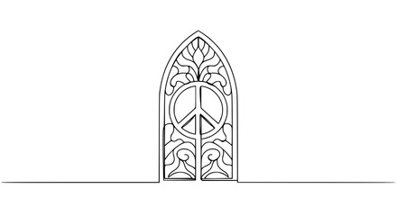 Poster - Peace symbol in an ornate window frame in single line outline design  
