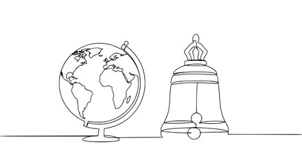 Poster - Globe and bell in single line outline for Peace Day concept  