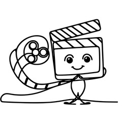 Poster - Cartoon movie clapperboard character smiling with film reel concept of single line outline vector movie  