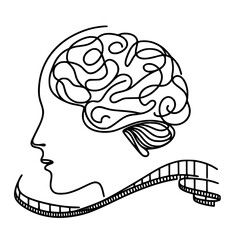 Poster - Concept of single line outline vector movie with brain and profile  