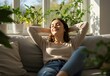 © Zohaibzahid  - Peaceful Woman Enjoying a Moment of Serene Relaxation on a Sofa in a Sunlit Room, Healthy life style, good vibes people and new home concept