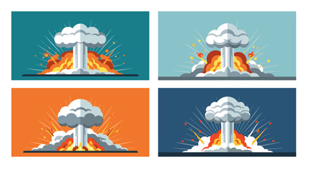 Poster - A set of four vector illustrations depicts a nuclear explosion with a mushroom cloud and radiating flames, set against different solid color backgrounds, in a flat style.