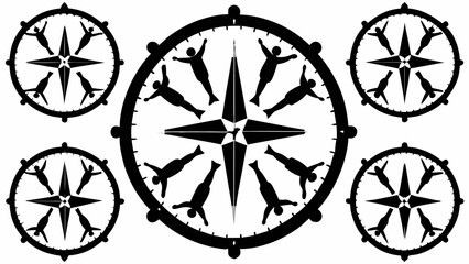 Wall Mural - Illustration of five compass roses each containing human figures arranged around a central star shape design