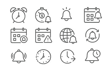 Poster - Gray icons of clocks, alarms, calendars, and notifications on a blurred background