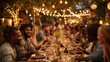 © Elvira - Diverse group enjoying festive outdoor dinner under string lights