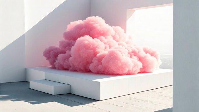 A fluffy pink cloud on a white platform in a minimalist white room with window light shining through