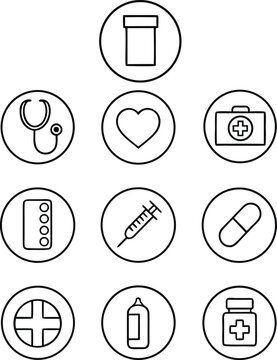 Black and white vector web icon set featuring symbols for internet, computer, phone, music, and medical designs, all in a clean, circular illustration style