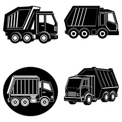 Poster - Illustration showing four garbage trucks in black and white with different styles and perspectives shown here