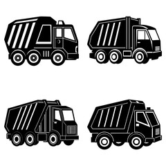 Poster - Illustration showing a collection of four garbage trucks in black and white with detailed features present