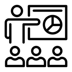 Aufkleber - Icon depicting a presentation with a presenter pointing to a pie chart and three attendees viewing it