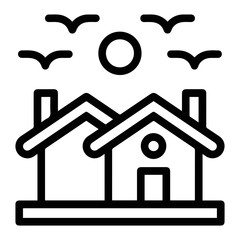 Poster - Vector Illustration of two houses with chimneys, sun, and birds in a simple black and white design style