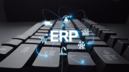Poster - ERP platform visual showing centralized system for enterprise resource planning, improving integration, data flow, business efficiency, finance, inventory, and human resources. Muxer