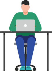 Poster - Man working on laptop at desk in casual clothing with green sweater and blue pants vector illustration 
