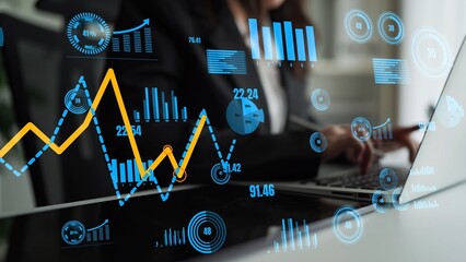 Poster - A business professional engages with data visualization on a laptop, surrounded by innovative graphs and charts, highlighting key statistics and trends in a dynamic office environment. Xenic