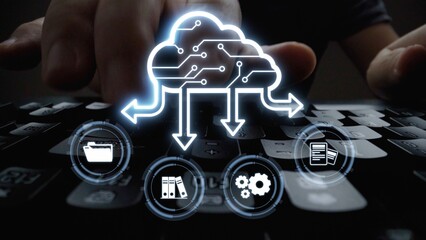 Poster - Cloud computing, cloud strategy, and cloud technology transforming digital infrastructure with scalable services, secure data storage, and cloud-based digital business solutions. Muxer