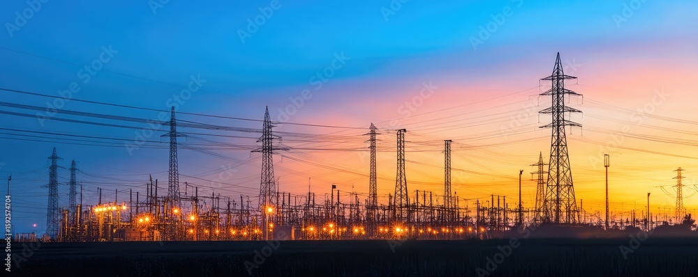 Industrial Power Plant with Transmission Towers at Dusk . Stock Photo ...