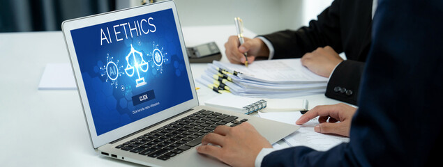 Poster - AI ethics responsibility standard law and rules on computer screen provide report of AI ethic transparency preventing technology crime. brisk