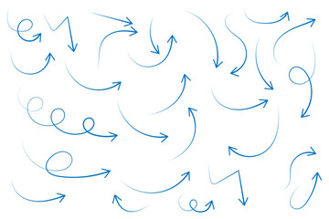 Poster - Hand drawn arrows icon set. Sketch curved arrows design. Arrow handmade. Doodle arrows of varios shapes and directions. Pointer and cursor icons.
