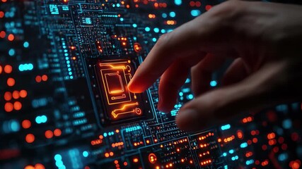 Fototapete - Engaging with technology by touching a circuit board filled with glowing components and intricate patterns at a modern workspace