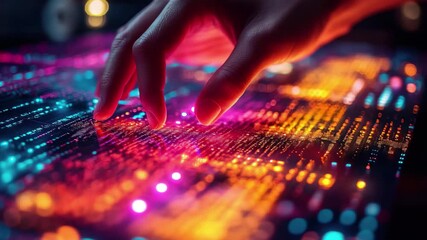 Fototapete - Exploring digital art through touch and light in a vibrant futuristic setting