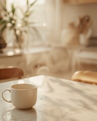 Poster - A Warm Morning Invitation, A Serene Kitchen Scene with a Coffee Cup and Soft Sunlight creating a Relaxing Atmosphere