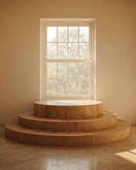 Poster - An inviting interior featuring a natural wood three-tiered display platform bathed in soft light from a nearby window