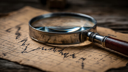 Poster - A magnifying glass lies on a graph with a wooden background, highlighting a segment of the data.