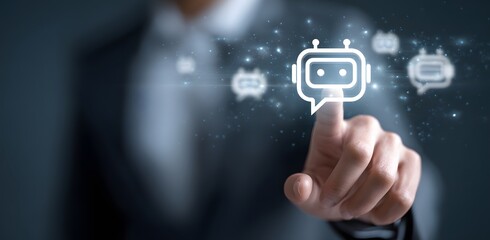 Fototapete - A person touching a chatbot icon with other icons and sparkles in the background on a dark background