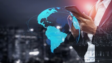 Poster - Global network connection visualization showing data exchange, digital link, worldwide communication. Global data flow and digital network infrastructure connecting regions around the world. Thunk