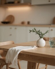 Poster - Elegant minimalist still life featuring soft lighting and a beautifully crafted dining table setting in a serene home environment